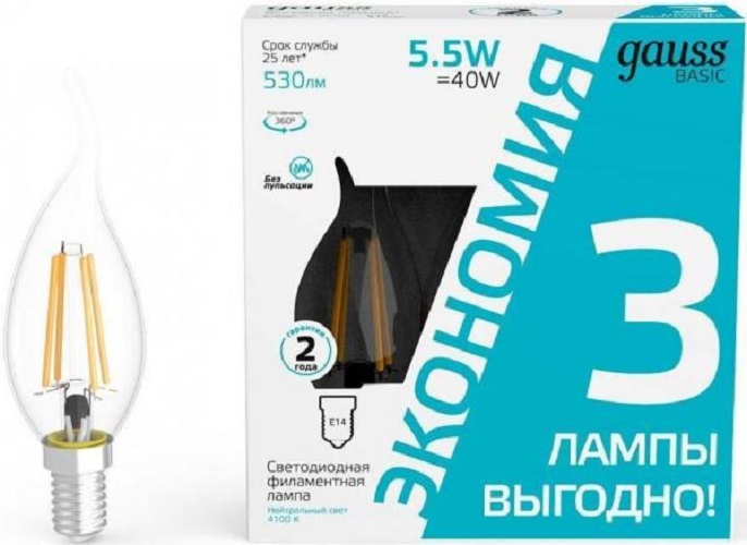 Лампа светодиодная Gauss 1041126T Basic 5.5Вт цок.:E14 свеча 220B 4100K св.свеч.бел.нейт. (3шт)