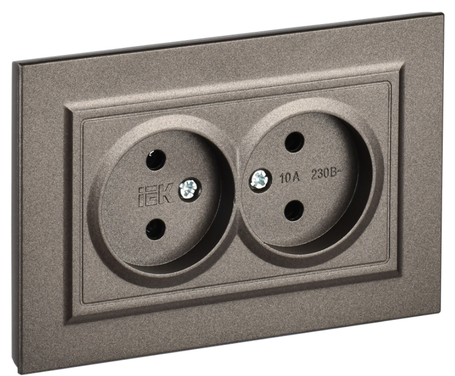 Розетка двухместная без заземления в сборе IEK BR-R20-10-K45-F BRITE без защитных шторок 10А РС12-2-БрТБ Бронза