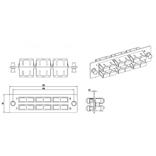 Панель Hyperline FO-FPM-W120H32-6DSC-BL для FO-19BX с 6 SC (duplex) адаптерами, 12 волокон, одномод, 120x32 мм, адаптеры цвета синий (blue)
