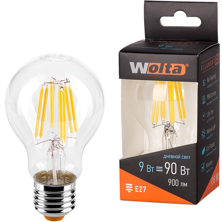 Лампа светодиодная WOLTA 25S60BLFT9E27 FILAMENT 9Вт 4000K Е27