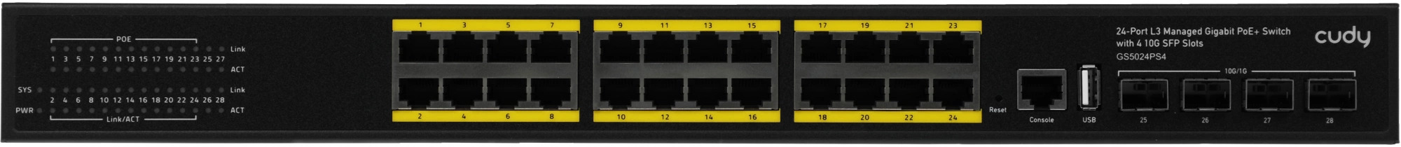 Коммутатор управляемый Cudy GS5024PS4-400W Layer 3 24 Ports 10/100/1000M PoE, 24 Gigabit Ethernet ports + 4 10 Gigabit uplink SFP+ optical ports + 1 U