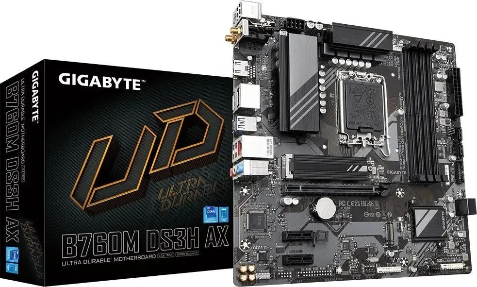 Материнская плата mATX GIGABYTE B760M DS3H AX DDR4 1.2 (LGA1700, B760, 4*DDR4 (5333), 4*SATA 6G RAID, 2*M.2, 3*PCIE, WiFi, BT, HDMI, 2*DP, USB Type-C,