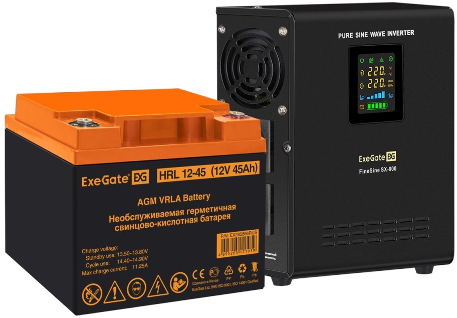 Комплект Exegate FineSine SX-800.LCD.AVR.2SH EX296522RUS ИБП EX295996RUS + батарея 45Aч EX285666RUS 1шт (инвертор, синус, для котла, настенный), 800VA