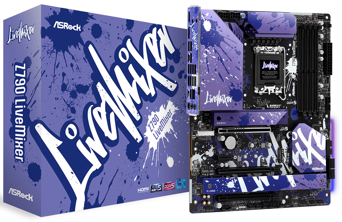 Материнская плата ATX ASRock Z790 LIVEMIXER (LGA1700, Z790, 4*DDR5 (6800), 4*SATA 6G RAID, 4*M.2, 4*PCIE, 2.5Glan, HDMI, DP, 2*USB Type-C, 6*USB 3.2,