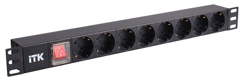 Блок розеток ITK PH12-8D1 на 8 розеток нем. стандарт, с LED выключателем,1U, шнур 2м вилка нем. стандарт, алюминиевый профиль
