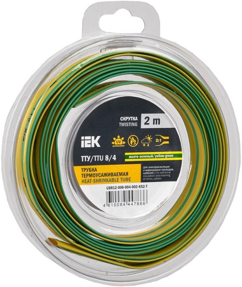 Трубка термоусадочная IEK UDR12-008-004-002-K52-T ТТУ нг-LS 8/4 жел-зел. (2м/упак)
