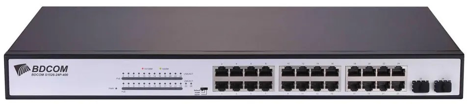 Коммутатор PoE BDCom S1526-24P 24*10/100/1000M PoE ports, 2*GE SFP ports; built-in AC 100-220V power supply; 370W PoE power, rack-mounted installation