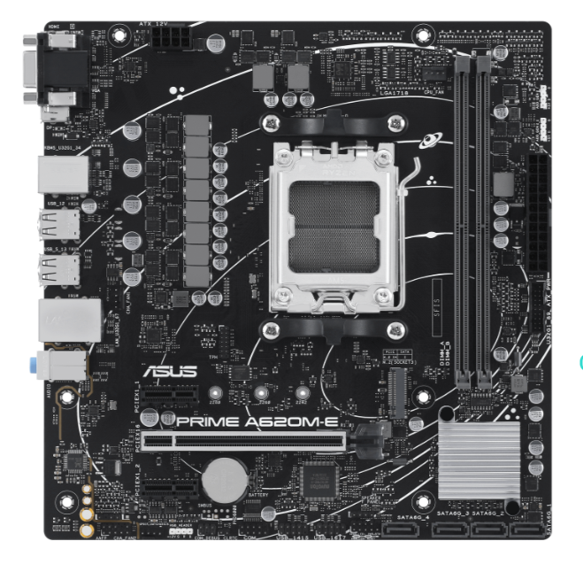 Материнская плата mATX ASUS PRIME A620M-E-CSM (AM5, AMD A620, 2*DDR5 (7200), 4*SATA 6G RAID, M.2, 3*PCIE, Glan, VGA, HDMI, VGA, 4*USB 3.2, 4*USB 2.0)