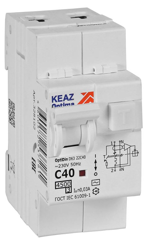 Автомат дифференциальный КЭАЗ 328102 OptiDin D63-22C40-AC-У3 2P C40A 30mA 4,5кА