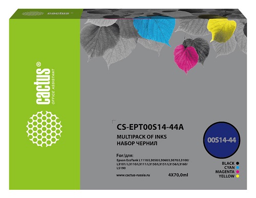 Чернила Cactus CS-EPT00S14-44A голубой/пурпурный/желтый/черный 4x70мл Epson L1110 Ecotank/L3100/L3101/L3110/L3150/L3151
