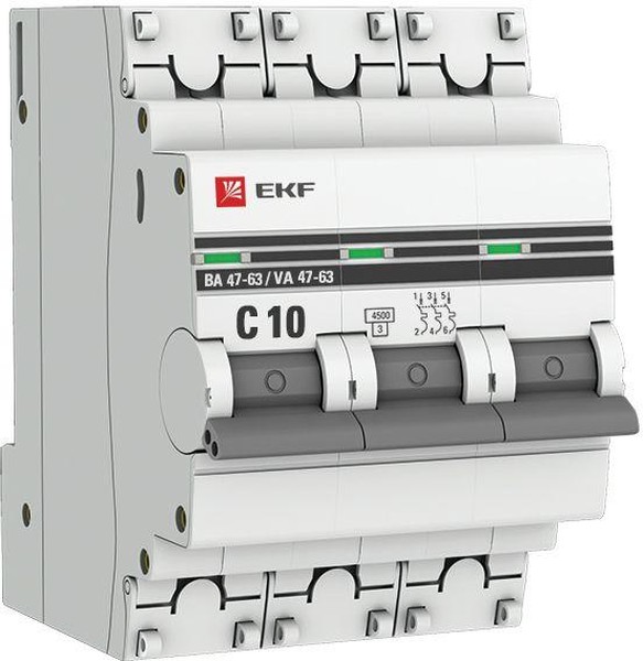 Автоматический выключатель EKF mcb4763-3-10C-pro модульный 3п C 10А 4.5кА ВА 47-63 PROxima