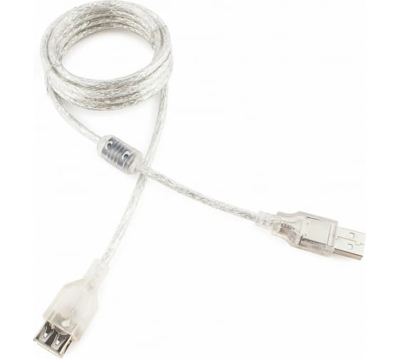 Кабель интерфейсный USB 2.0 удлинитель Cablexpert AM-AF 1.8 м, Pro, экран, феррит. кольцо, прозрачный, пакет