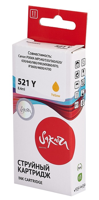 Картридж струйный Sakura 2936B004 (521 Y) для Canon PIXMA MP540/550/560/620/630/640/980/990;MX860/870;iP3600/4600/4700, водорастворимый тип чернил, же