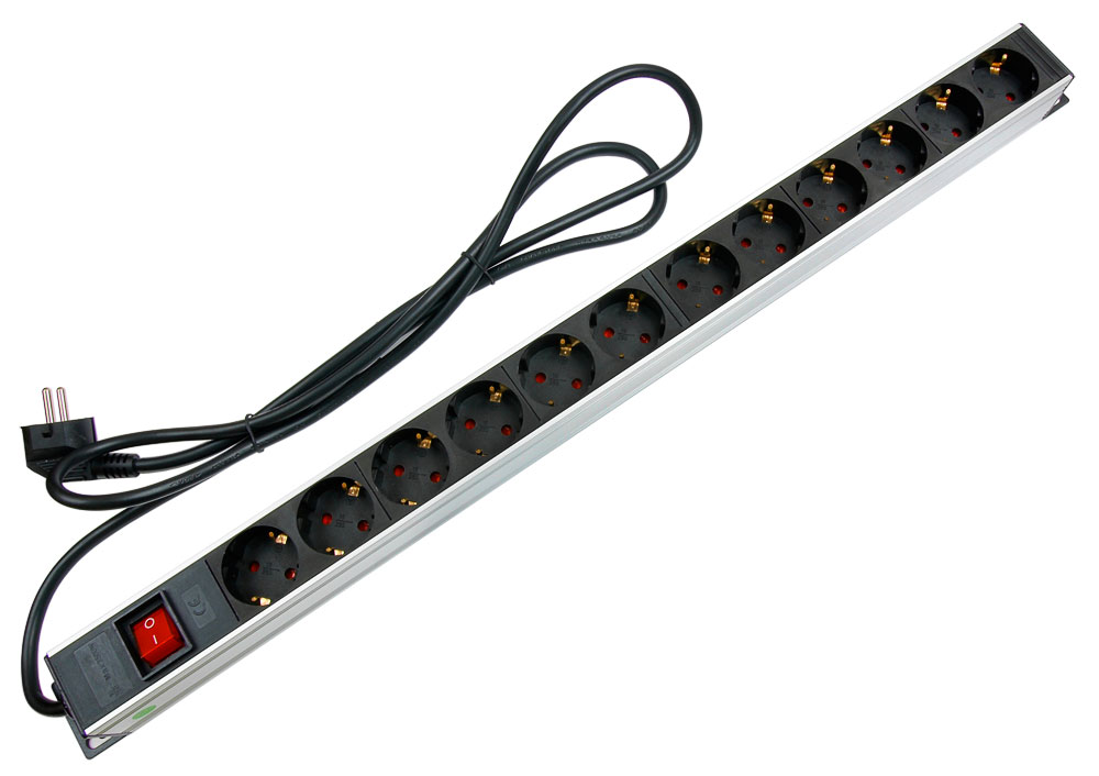 Блок розеток 19, 12 розеток Cabeus PDU-12P-2EU 16 A, выключатель, шнур 2м, алюминиевый корпус, немецкий стандарт