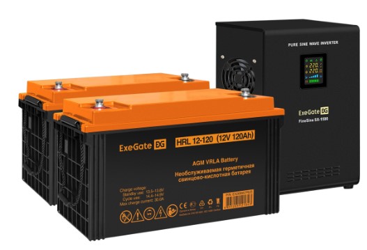 Комплект Exegate FineSine SX-1500.LCD.AVR.2SH EX296580RUS ИБП EX295998RUS + батарея 120Aч EX285657RUS 2шт (инвертор, синус, для котла, настенный) 1500