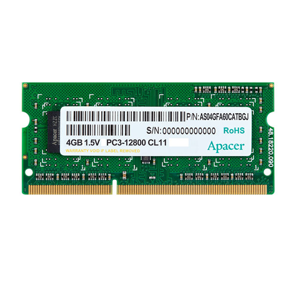 Оперативная память SODIMM DDR3 Модуль памяти SODIMM DDR3 4GB Apacer DS.04G2K.KAM PC3-12800 1600MHz 2Rx8 CL11 204-pin 1.5V