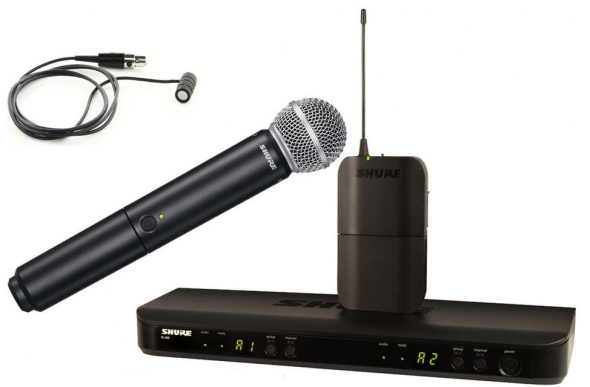Микрофонная система Shure BLX1288E/W85-M17 беспроводная, двухканальная, с петличным микрофоном WL185 и ручным передатчиком SM58. Частота UHF 662-686 М