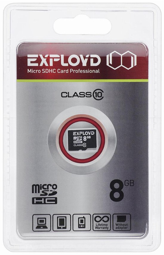  Карта памяти MicroSDHC 8GB Exployd EX008GCSDHC10-W/A-AD 10 без адаптера