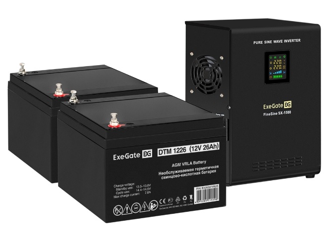 Комплект Exegate FineSine SX-1500.LCD.AVR.2SH EX296562RUS ИБП EX295998RUS + батарея 26Aч EX282970RUS 2шт (инвертор, синус, для котла, настенный) 1500V