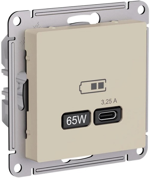 Розетка USB Systeme Electric ATN001227 AtlasDesign тип-С 65Вт высокоскор.заряд. QC, PD, механизм, Песочный