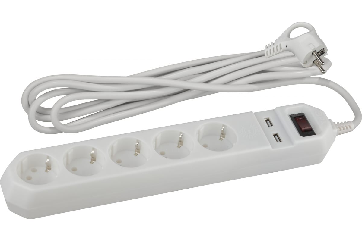Сетевой фильтр ЭРА Б0019037 USF-5es-1.5m-USB-W Белый базовая защита, с/з, с выкл, 5гн+2USB, 1,5м, ПВС, 10А