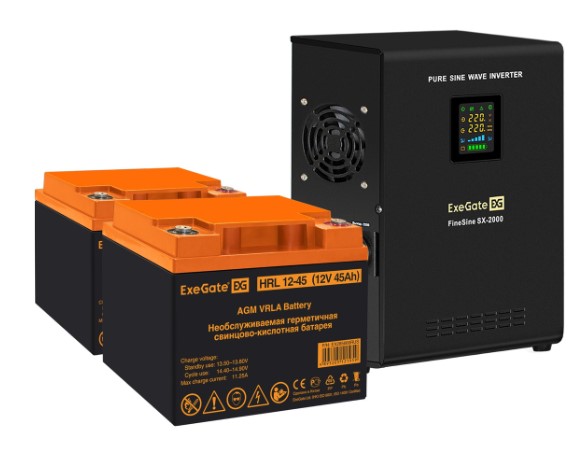 Комплект Exegate FineSine SX-2000.LCD.AVR.2SH EX296591RUS ИБП EX296001RUS + батарея 45Aч EX285666RUS 2шт (инвертор, синус, для котла, настенный) 2000V