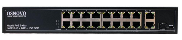 Коммутатор PoE OSNOVO SW-61621(300W) Fast Ethernet на 16 x RJ45 PoE + 2 x RJ45 GE + 1 SFP GE порта. Порты: 16 x FE (10/100 Base-T) с поддержкой PoE (I