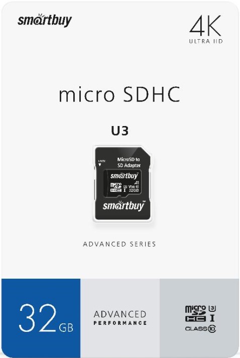  Карта памяти 32GB SmartBuy SB32GBSDU1A-AD MicroSDHC Сlass 10 Advanced U3 V30 A1 (55/90 Mb/s)+ SD адаптер