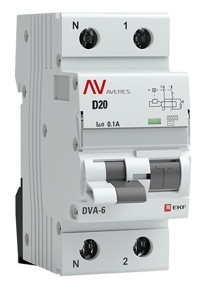 Автомат дифференциальный EKF rcbo6-1pn-20D-100-ac-av DVA-6 1P+N 20А (D) 100мА (AC) 6кА AVERES