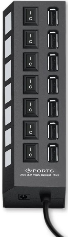 Разветвитель USB 2.0 Gembird UHB-U2P7-01 7хUSB, с доп. питанием, подсветка и выключатели, кабель USB 55см, черный, коробка