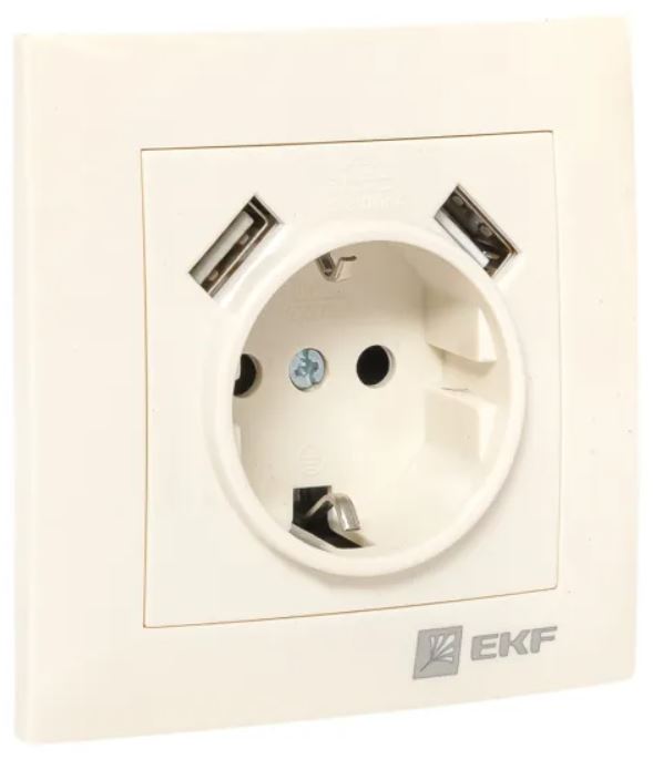 Розетка с заземлением с 2 USB в сборе EKF EWR16-028-20-2USB Валенсия 16А кремовая с защитными шторками 2,1А