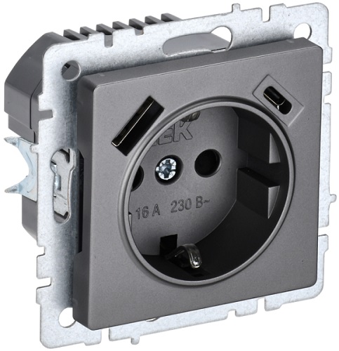 Розетка с заземлением IEK BR-R14-16-U22-018-K46 BRITE с защитными шторками 16А с USB A+C 18Вт РЮш11-1-БрС Сталь