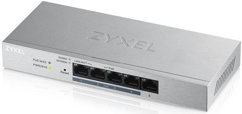  Коммутатор управляемый ZYXEL GS1200-5HPV2-EU0101F 5xGE (4xPoE+), настольный, бесшумный, бюджет PoE 60 Вт