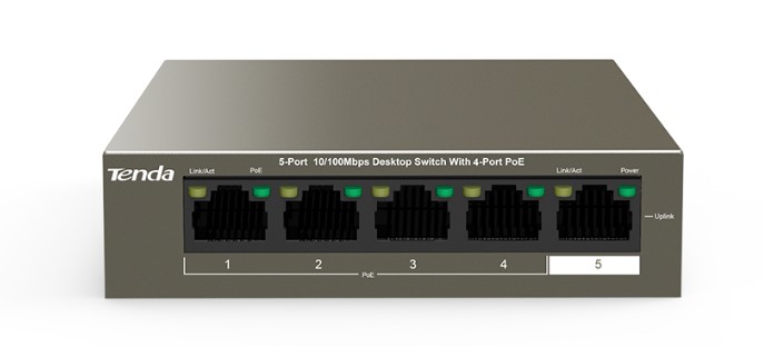Коммутатор неуправляемый Tenda TEF1105P-4-38W Layer 1, 4-PoE, 5-10/100Mb, настольный/настенный