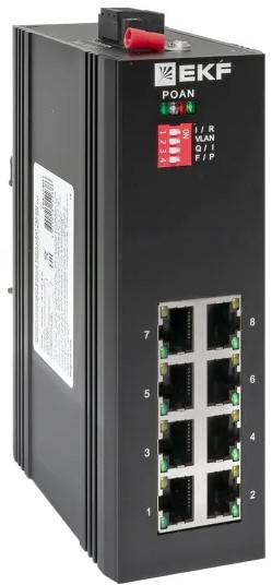 Коммутатор промышленный неуправляемый EKF TSX-U-8GTP U-8GTP 8 портов 10/100/1000Base-T(X) RJ45 c PoE монтаж на DIN-рейку TSX