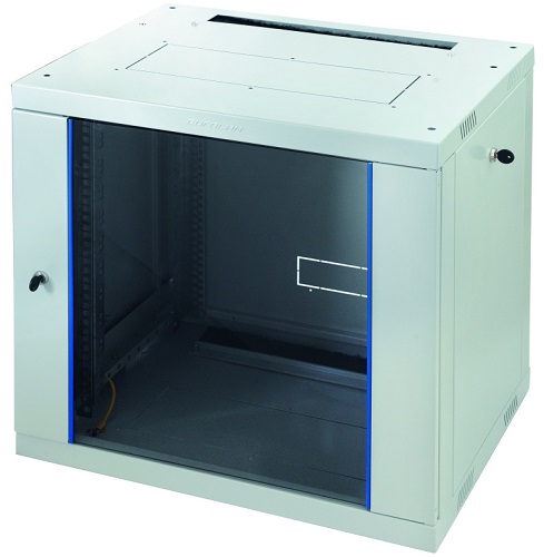 Шкаф настенный 19, 18U Eurolan 60W-18-64-31GY Racknet F30  600 × 450, передняя дверь стеклянная, боковые панели, шнуры зазаемления, светло-серый