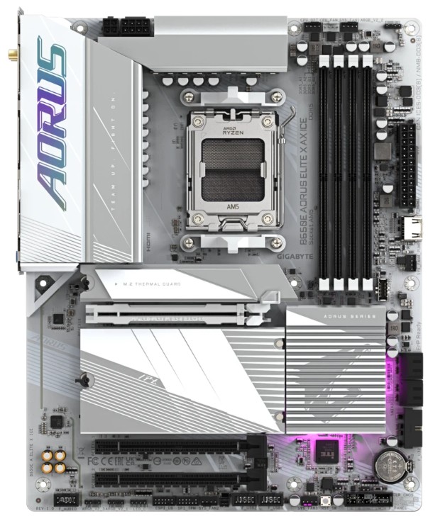 Материнская плата E-ATX GIGABYTE B650E AORUS ELITE X ICE (AM5, AMD B650E, 4*DDR5 (8000), 3*PCIe, 3*M.2, 4*SATA, WiFi, BT, 8*USB 3.2, 4*USB 2.0 HDMI)
