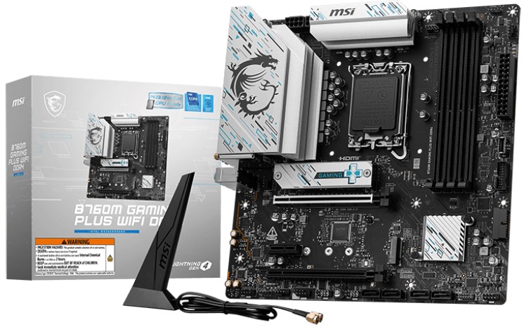 Материнская плата mATX MSI B760M GAMING PLUS WIFI DDR4 (LGA1700, Intel B760, 4*DDR4 (5333), 4*SATA 6G RAID, 2*M.2, 3*PCIe, 2,5Glan, WiFi, BT, 2*HDMI,