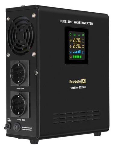 ИБП  Xcom-Shop Источник бесперебойного питания Exegate FineSine SX-500.LCD.AVR.2SH EX295995RUS (инвертор, синус, для котла, настенный) 500VA/300W, чистая синусоида,