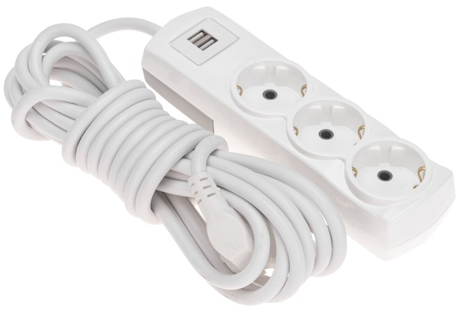 Удлинитель Rexant 13-4111 PREMIUM 3 гнезда, 5м, 3х1,5мм2, с/з, 2 USB, белый