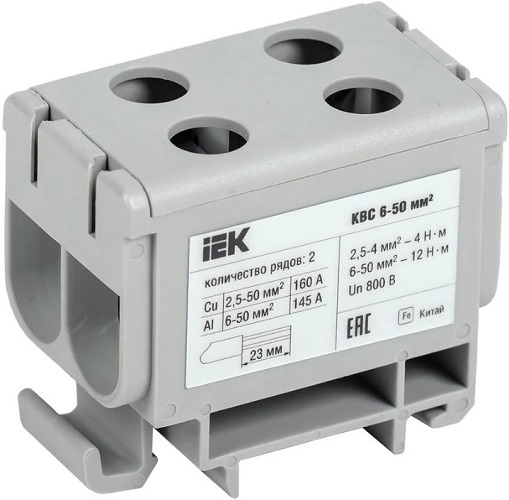 Клемма вводная IEK YZN13-050-K03 силовая КВС 6-50 кв.мм. 2-рядная серая