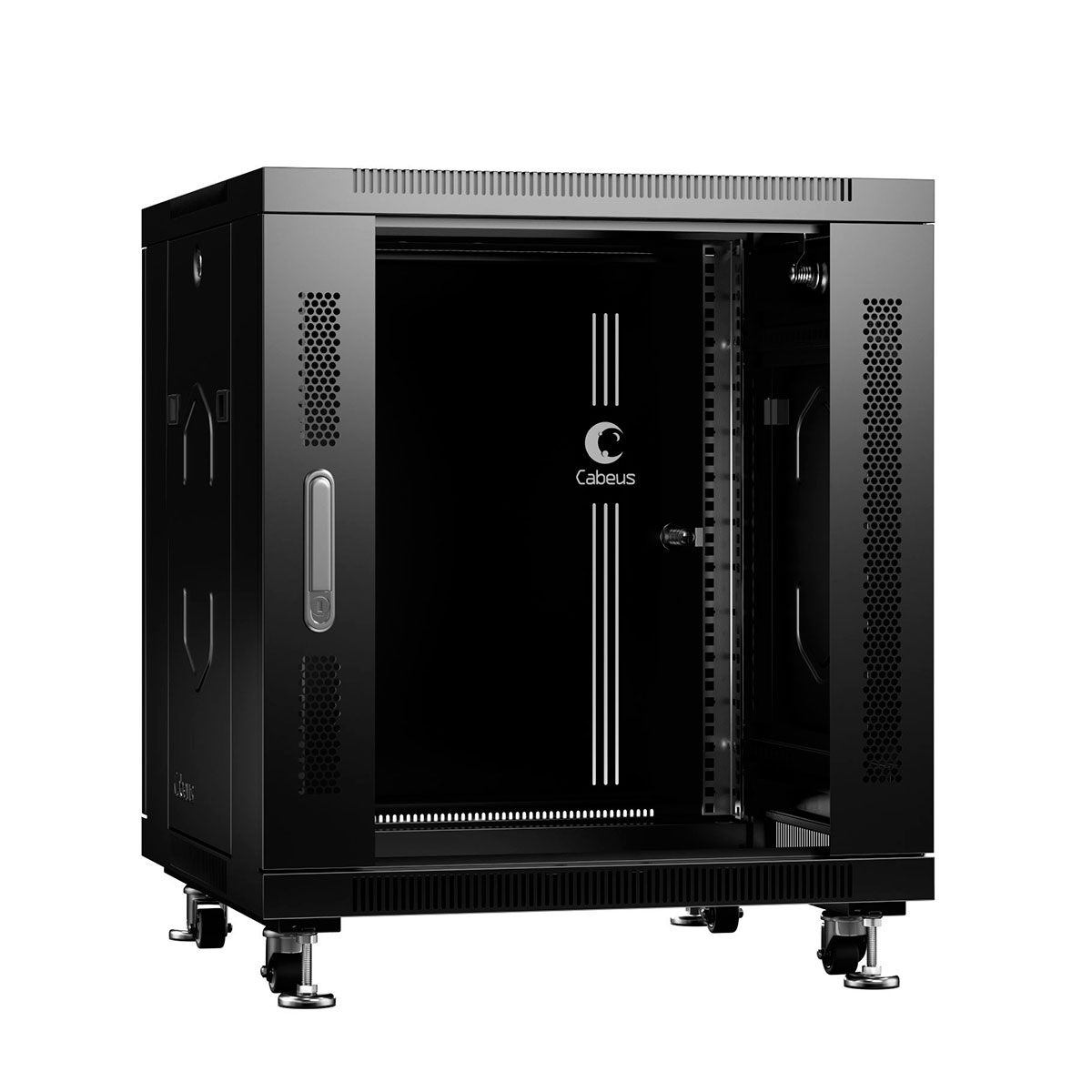 Шкаф напольный 19, 12U Cabeus SH-05C-12U60/80-BK телекоммуникационный 600x800x730mm (ШхГхВ) передняя стеклянная и задняя сплошная металлическая двери