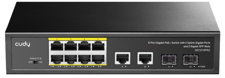 Коммутатор неуправляемый Cudy GS1010PS2 8-10/100/1000 BASE-T Gigabit ports,2-Port 10/100/1000 BASE-T Gigabit Uplink ports, 2-1000 BASE-X SFP Slot, 8-p