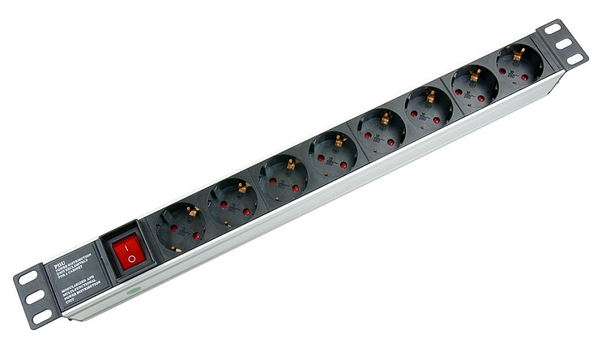 8 розеток тип Schuko (Для Евровилки)  Xcom-Shop Блок розеток 19, 8 розеток Cabeus PDU-8P для 19 шкафов, горизонтальный, 10 A, выключатель, гнездо под шнур, алюминиевый корпус