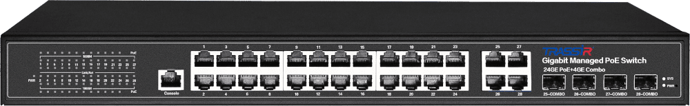 Коммутатор управляемый TRASSIR TR-NS24284C-400-24PoE с 24 PoE портами (10/100/1000Base-TX PoE port) и 4 COMBO портами