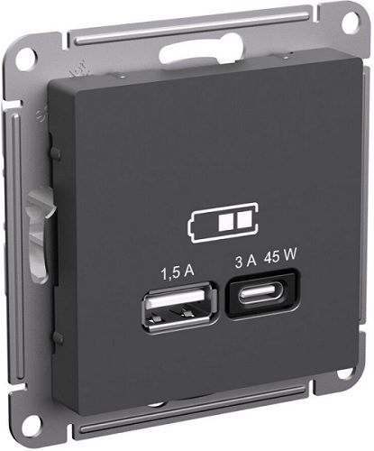 Розетка USB Systeme Electric ATN001429 AtlasDesign A + тип-C 45Вт высокоскор.заряд. QC, PD, мех., базальт