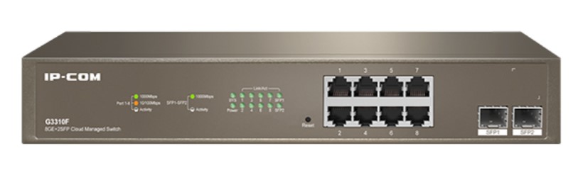  Коммутатор управляемый IP-Com G3310F 8*10/100/1000 Base-T Ethernet, 2*100/1000 Base-X SFP, QoS