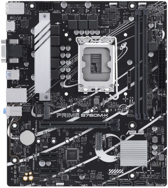 Материнская плата mATX ASUS PRIME B760M-K (LGA1700, B760, 2*DDR5(8000), 4*SATA3 RAID, 2*M2, Audio, Gb LAN, USB 3.2, USB 2.0, HDMI, VGA)