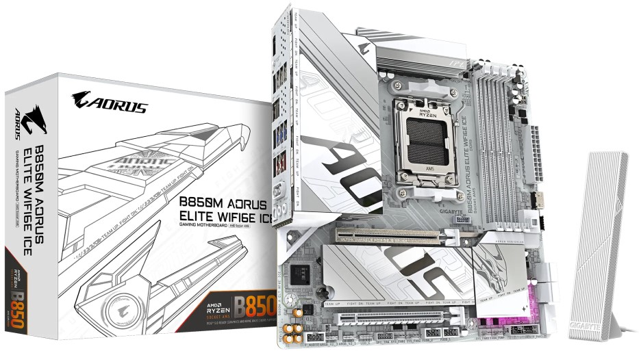Материнская плата mATX GIGABYTE B850M AORUS ELITE WIFI6E ICE (AMD AM5, B850, 4*DDR5 (4400), 4*SATA 6G RAID, 2*PCIe, 2*M.2, WiFi, BT, 7*USB 3.2, 4*USB