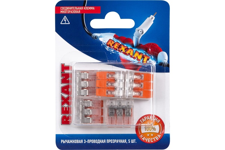 Клемма Rexant 06-0217-A5 универсальная компактная СМК 221-413, 3-проводная до 4,0 мм2